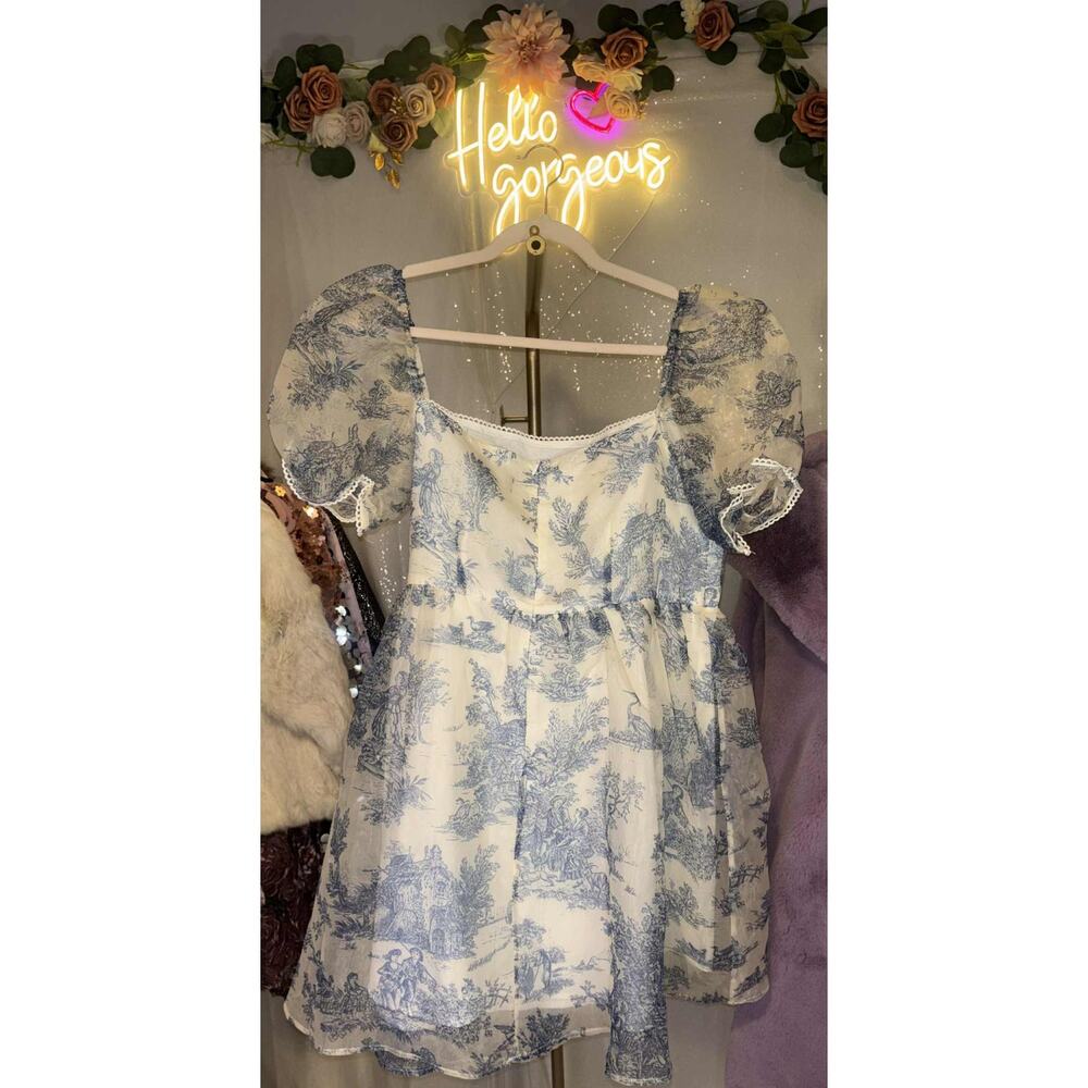 NWT Cider Chinoiserie Size 1XL Blue & White Puff Sleeve Mini Dress